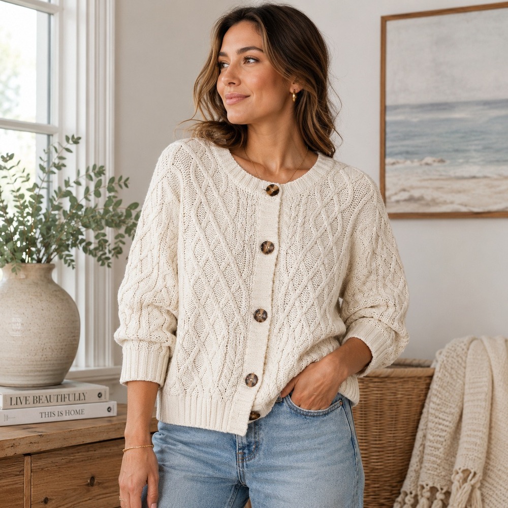 Women's Cream Cable Knit Cardigan L 3/4 Sleeve Fisherman Coastal Grandpa Sweater